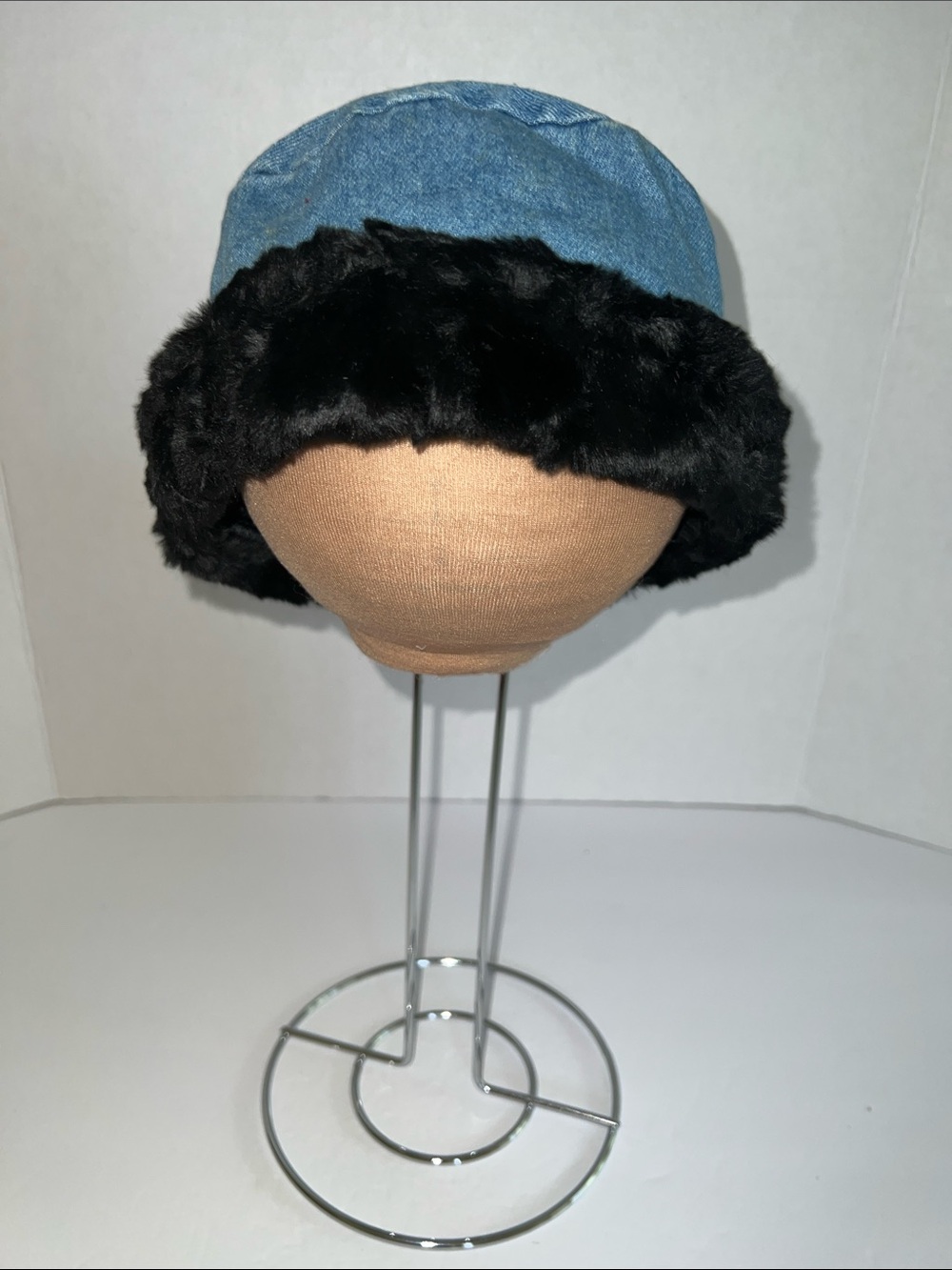 BLOOZ Vintage Blue Denim and Black Faux Fur Trim Bucket Hat